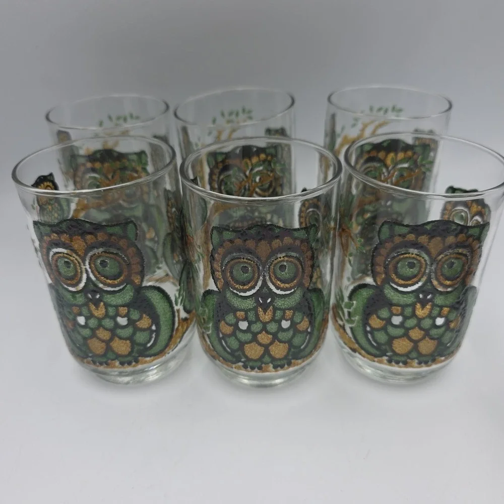 Vintage Libbey Owl Glasses Set Of 7 10 Oz Tumblers Mid Century Barware